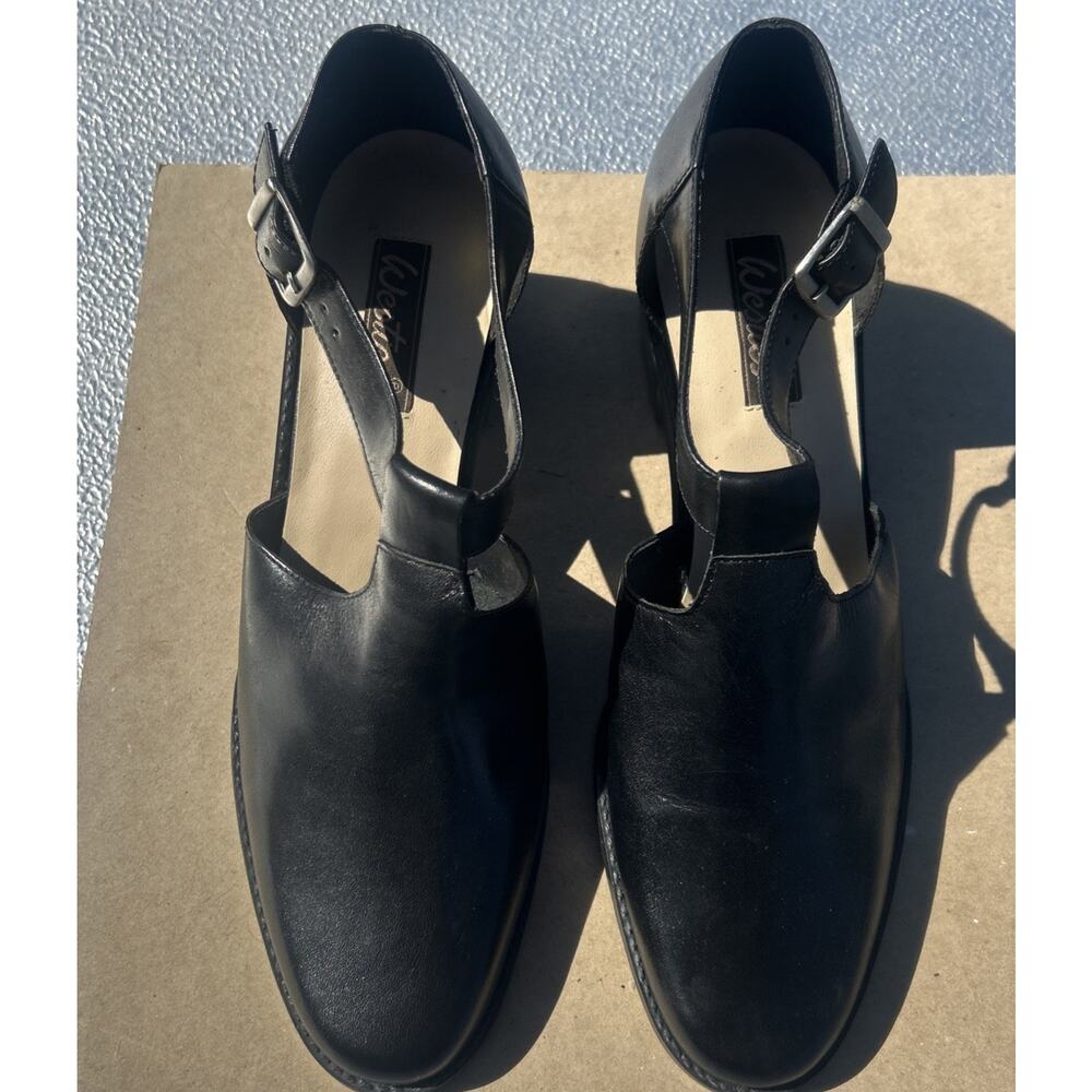 Westies Black Leather T Strap Mary Jane Heels Womens 10M Low Block Comfort 2"